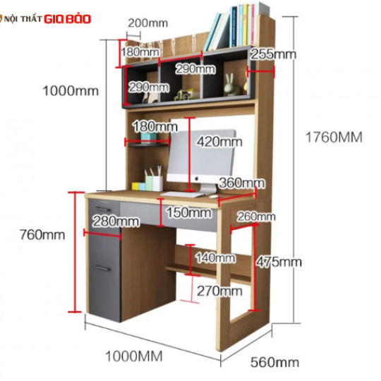 BÀN HỌC LIỀN GIÁ SÁCH GỖ CÔNG NGHIỆP ĐẸP HIỆN ĐẠI GBH-4838
